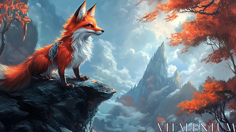 Armored fox sentinel overlooking atmospheric alpine valley vista