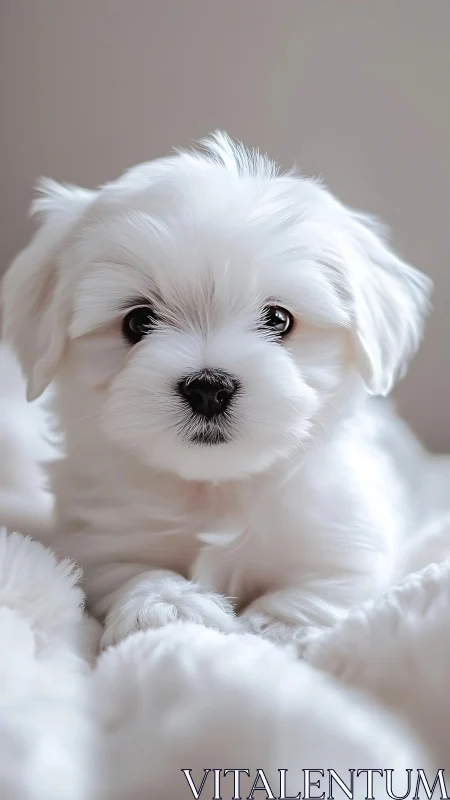 Close-up portrait of fluffy white puppy on soft blanket.