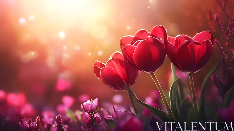 Sun-drunk crimson tulips basking in blushing morning light.