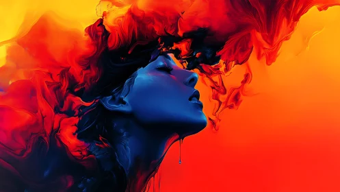 Digital painting portrait in neon duotone fluid abstraction.