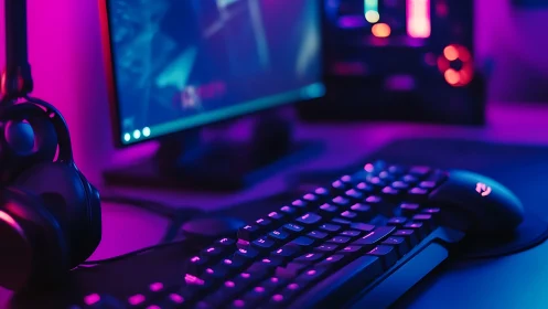 RGB-lit gaming workstation with mechanical keyboard focus.