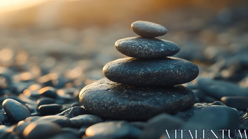 Balanced river stones form a zen cairn in warm sunset bokeh