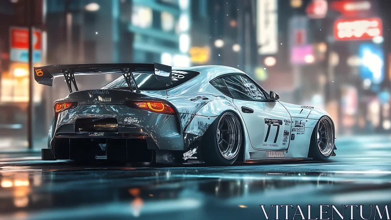 Widebody race car parked on wet neon city street at night.