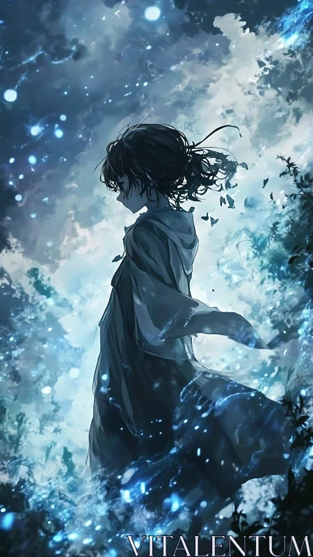 Dreamy night wanderer wrapped in soft blue starlight.