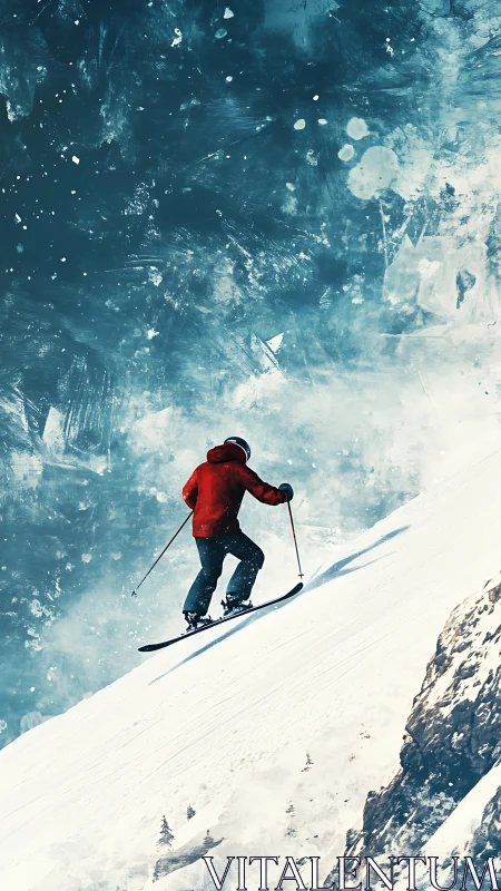 Skier in red jacket embracing a bold snowy mountain climb.