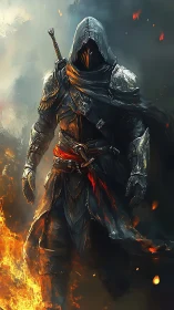Hooded armored warrior walks through surrounding flames.