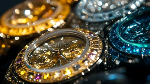 Glimmering jeweled watches catching light and time together.
