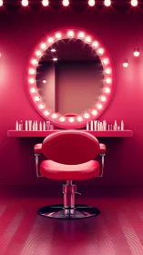 Digital glam vanity chair under illuminated circular mirror.