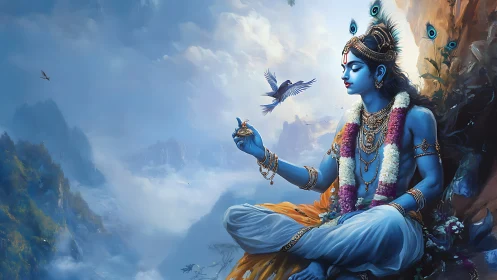 Divine blue deity in serene mountain sky meditation scene.