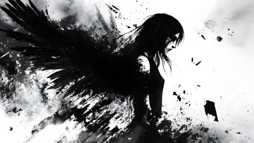 Silhouetted figure with abstract black wing elements