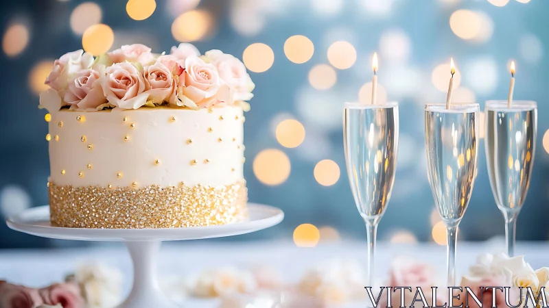 Elegant Celebration Cake with Pink Roses and Gold Accents.