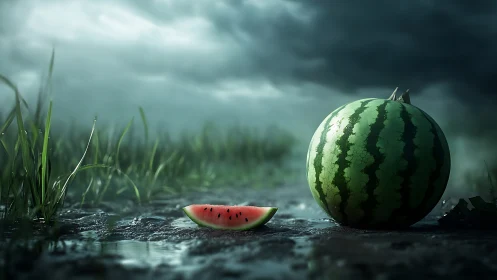 Whole and sliced watermelon on wet ground under stormy sky.