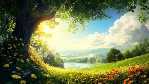 Backlit flowering hillside under towering oak, valley panorama