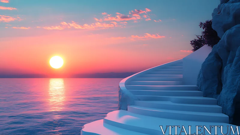 Sunlit ocean horizon with white cliffside staircase at dusk.