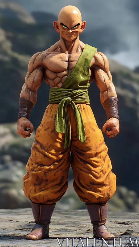 Powerful bald warrior stands strong in detailed rocky landscape