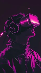 Person in VR headset under neon magenta lighting period.