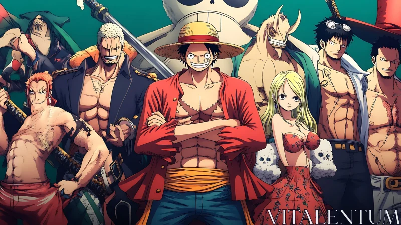 Anime pirate crew lineup under bold teal sky illustration.
