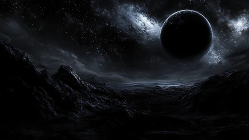 Dark rocky alien seascape under eclipsed planet at night.