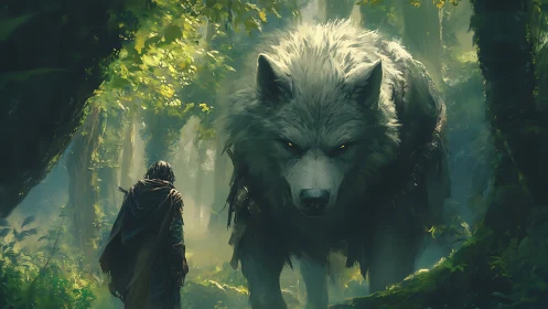Forest wanderer and giant wolf share a quiet truce.