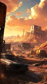 Sunlit post‑apocalyptic canyon highway with rusted relics.