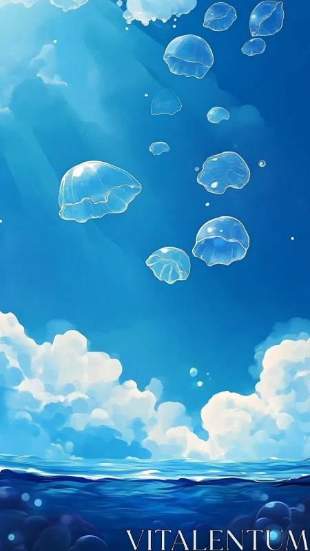 Jellyfish rise through sunlit blue water toward bright clouds