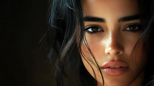 Sultry gaze framed by midnight hair in sculpted realism.
