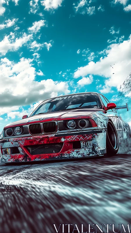 Drift-tuned BMW races along wet track under vivid sky