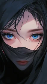 Digital portrait depicts veiled face with emphasized blue eyes