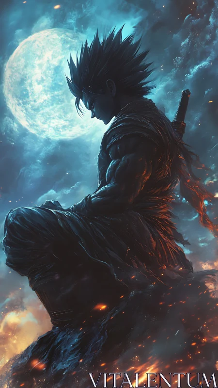 Lone warrior silhouette under cyan moonlit storm sky.