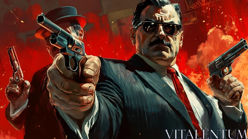 Two armed gangsters in suits against intense red backdrop.