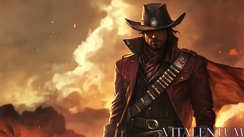 Gunfire dusk drifter in ember-lit outlaw grandeur.