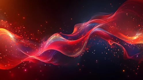 Red and orange light trails curve across dark digital space