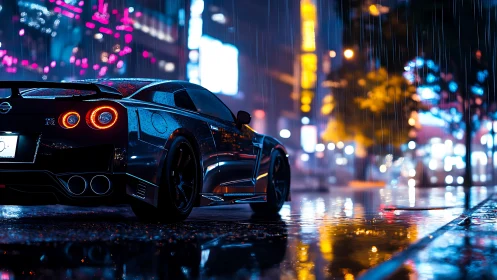 Midnight GTR glows under neon rain in reflective city street.