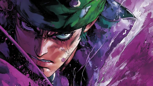 Intense anime warrior portrait in expressive violet splashes.