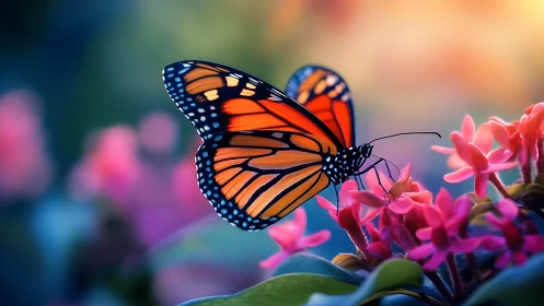Bright monarch butterfly resting softly on pink blossoms.
