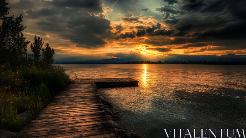 Sunset light glows over wooden lakeside dock and calm water.