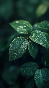 Macro study of rain-soaked green leaves with shallow depth