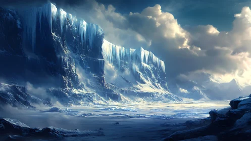 Glacial cliff face above frozen plain under dense clouds.