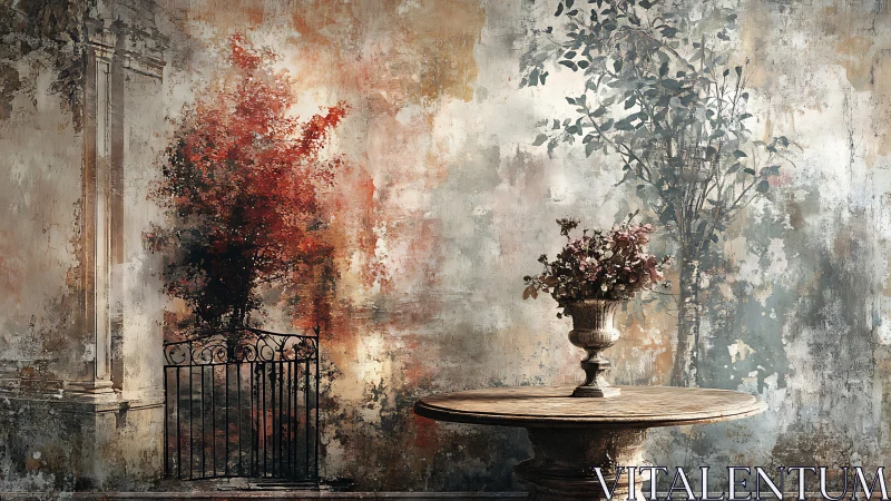 Weathered garden dreams around a quiet wooden table.