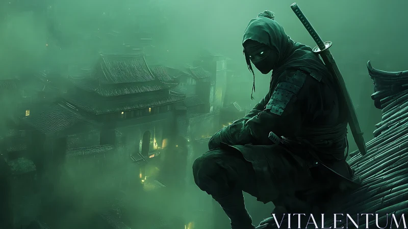 Silent rooftop watcher above a mist-drenched hidden city.