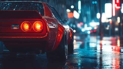 Red sports car in rainy neon-lit urban street scene at night.