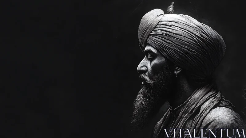 Stoic turbaned profile rendered in stark monochrome contrast