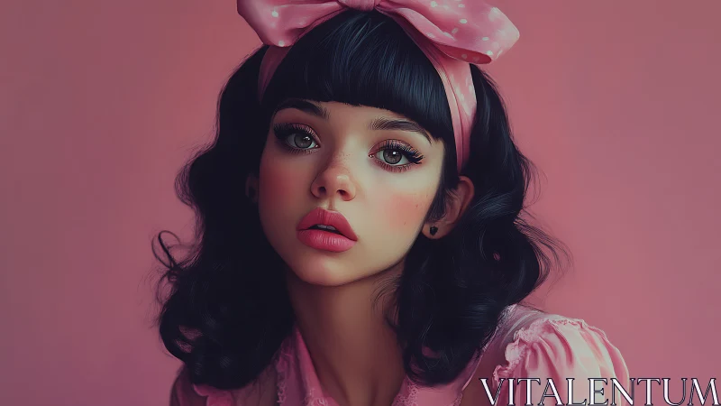 Chromatic portrait of doll-like girl in pastel pink palette.