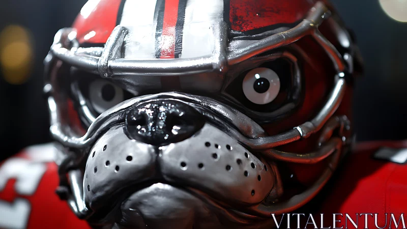 Close view of metallic bulldog football mascot helmet.
