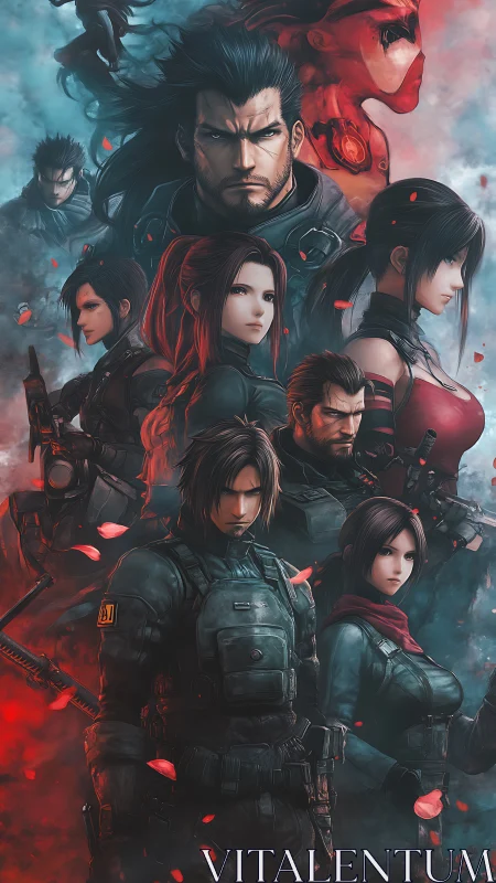 Armed tactical group in stylized red and blue digital poster.