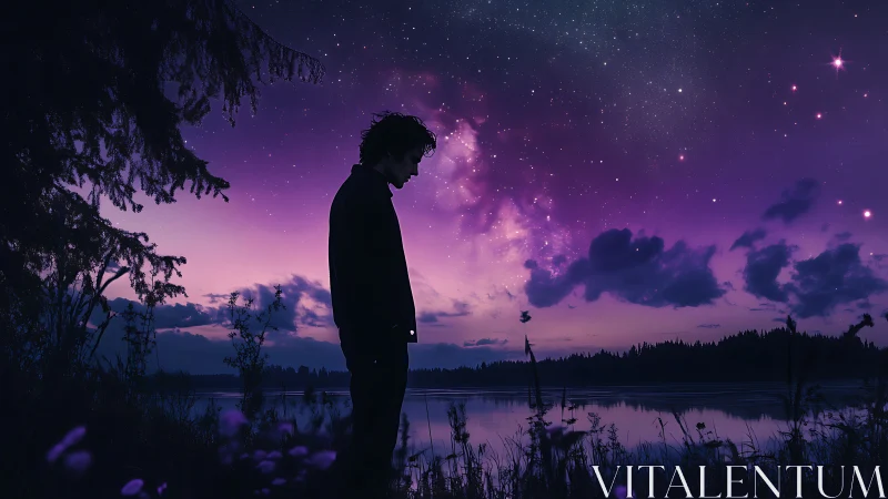 Silhouette under violet night sky beside reflective lake.