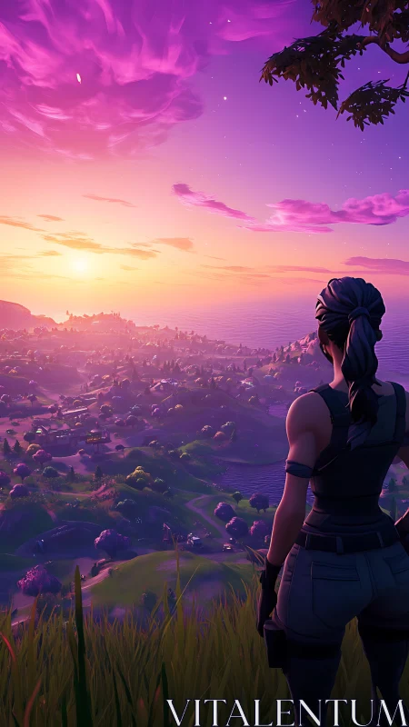 Sunset hero watches a glowing valley promise new adventures