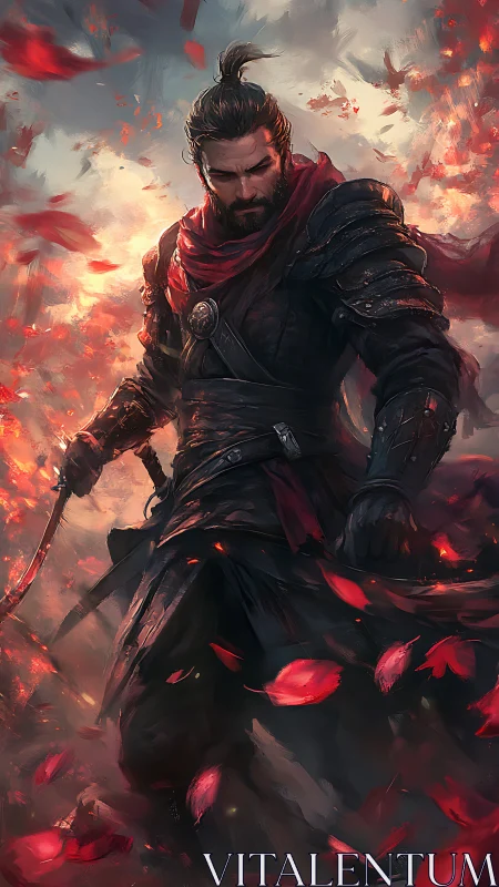 Scarlet-blade wanderer strides through a storm of burning petals.