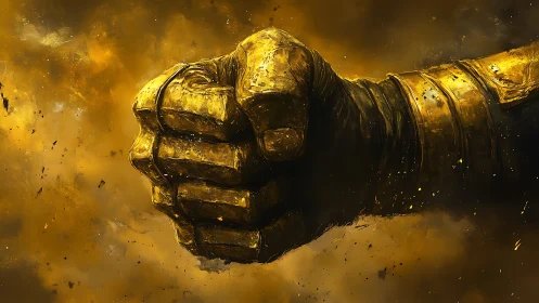 Armored golden fist extends through turbulent ochre atmosphere
