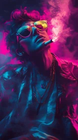 Smoky neon portrait shows cool figure in reflective glasses